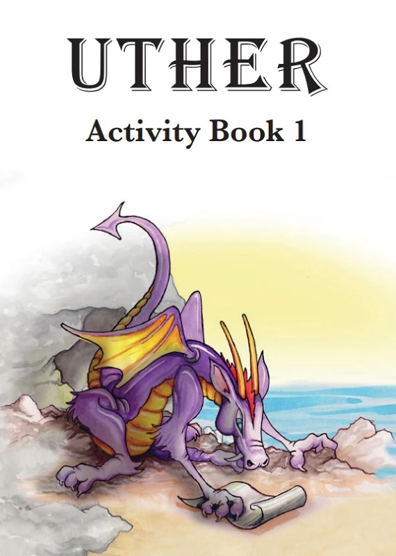 Purple dragon creating activity sheets outside his cave on the shore.